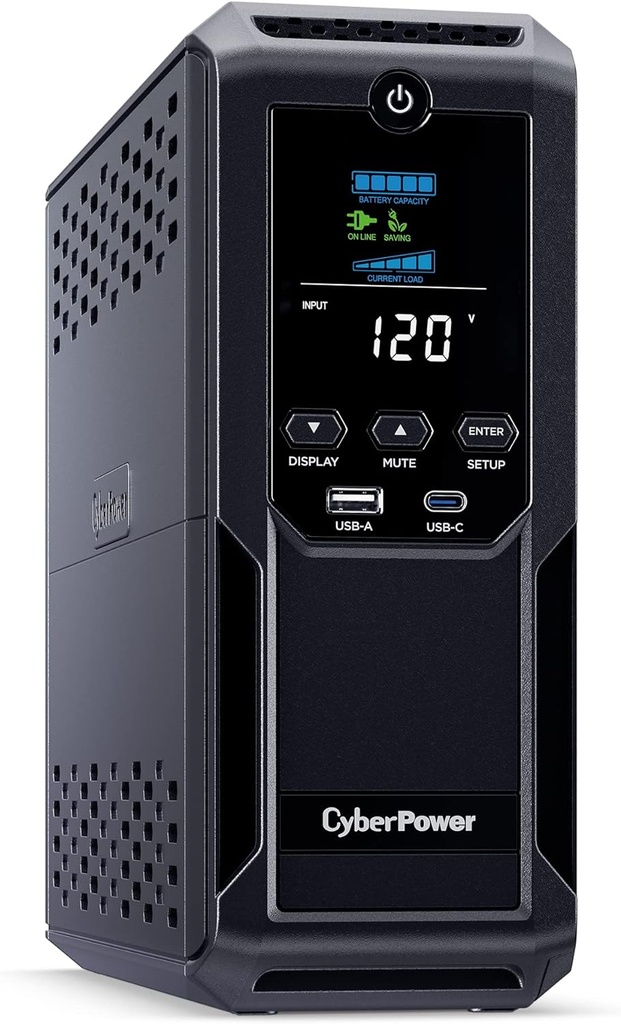 CyberPower CP1500AVRLCD3 Sistema UPS LCD inteligente, 1500VA/900W, 12 tomas, 2 puertos USB, AVR, mini torre, negro