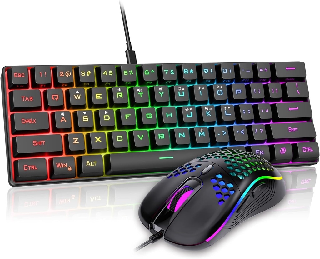 Combo Teclado/Mouse RedThunder - 60% Ligero, ultracompacto 61 teclas con retroiluminación RGB, Mouse 7200 DPI Honeycomb (Negro)