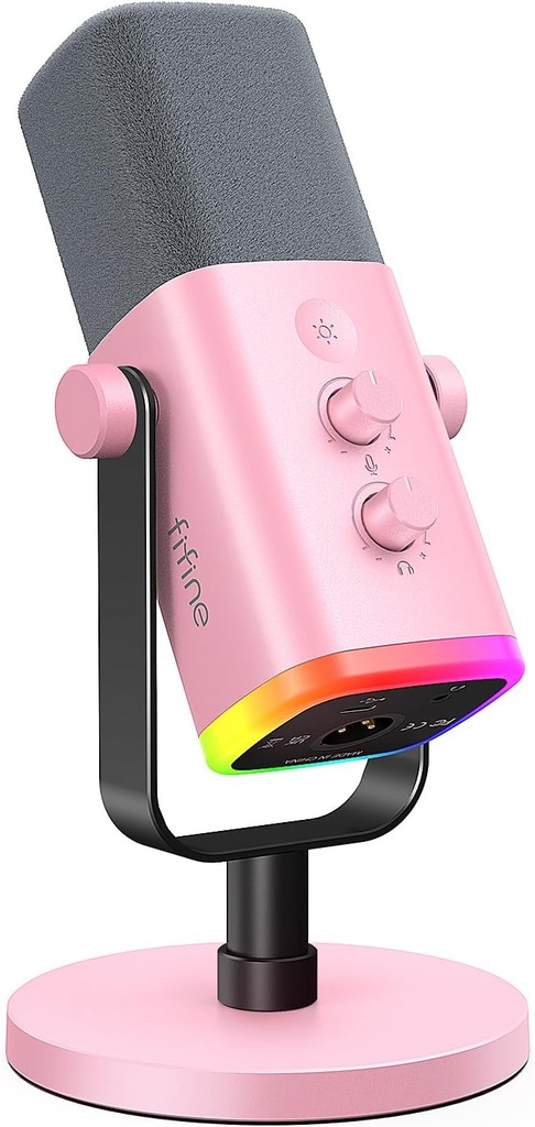 Microfono FIFINE AM8 Rosado - Conexion XLR/USB - Iluminacion RGB - Con Conector para auriculares.