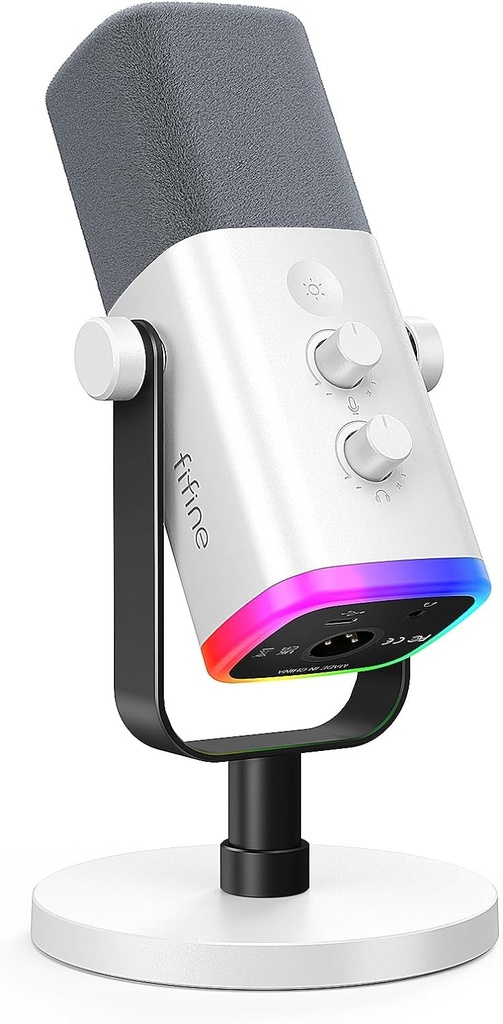 Microfono FIFINE AM8 Blanco - Conexion XLR/USB - Iluminacion RGB - Con Conector para auriculares.