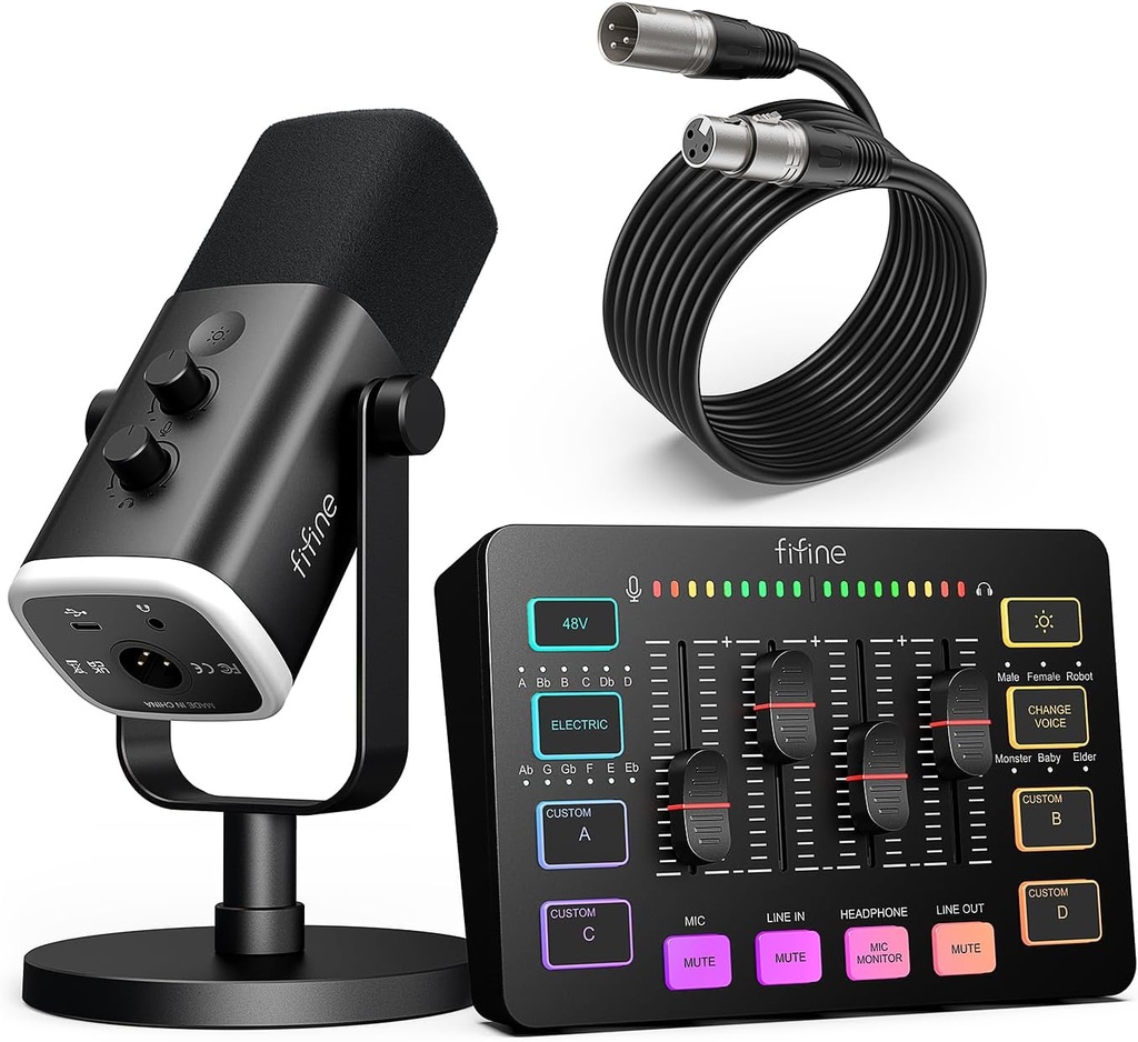 FIFINE Paquete de equipos de juego, juego de micrófono dinámico XLR/USB para juegos con mezclador de audio para grabación de podcasts, video vocal, juego de jugadores RGB con atenuador de