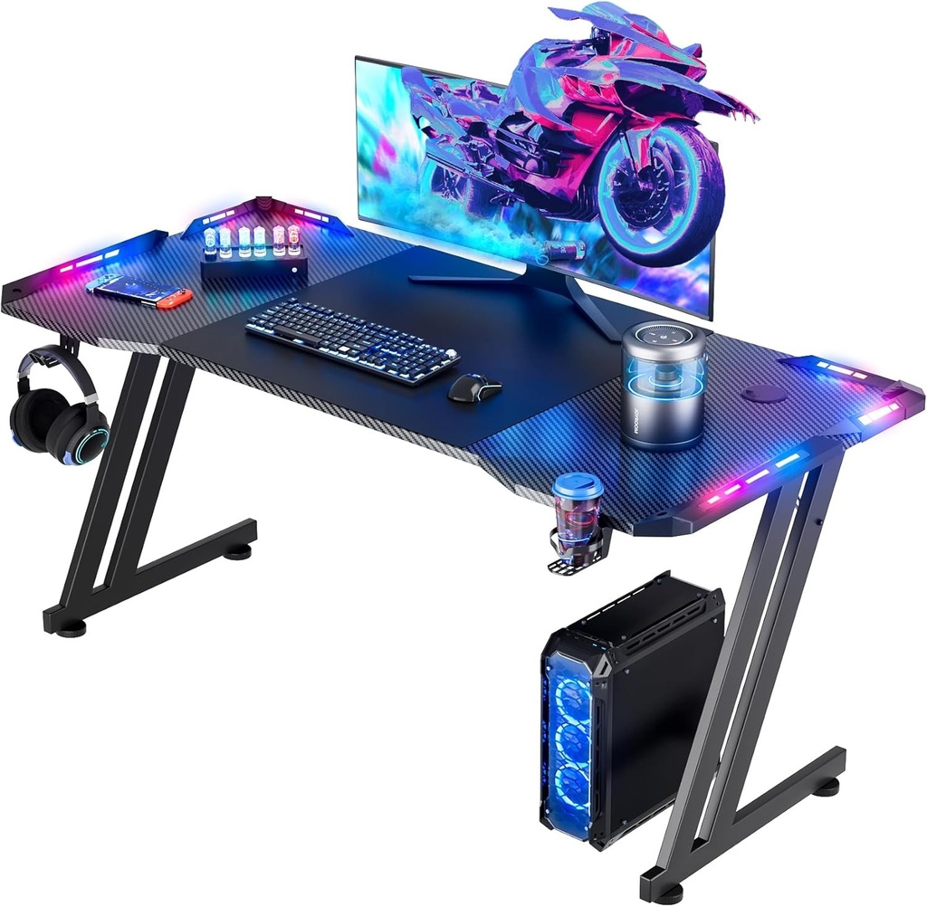 Escritorio Gamer Con Iluminacion LED RGB - Ergonómico 47Pulgadas, Superficie de fibra de carbono, con soporte para tazas y Gancho para Audifonos - (HLDIRECT)
