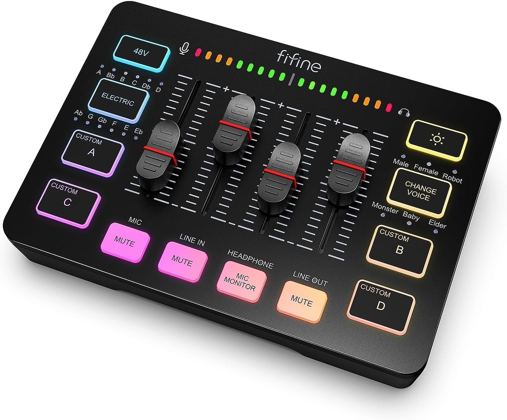 Mezclador de audio FIFINE para juegos, streaming con interfaz de micrófono XL Ralimentación fantasma de 48 V,
