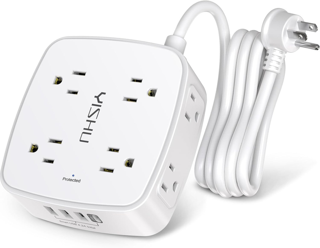 Regleta protectora de sobretensiones de 6 pies, 8 tomas amplias con 4 puertos USB, extensor de salida de 3 lados con cable de extensión de 6 pies