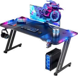 [ECG-00009393] Escritorio Gamer Con Iluminacion LED RGB - Ergonómico 47Pulgadas, Superficie de fibra de carbono, con soporte para tazas y Gancho para Audifonos - (HLDIRECT)